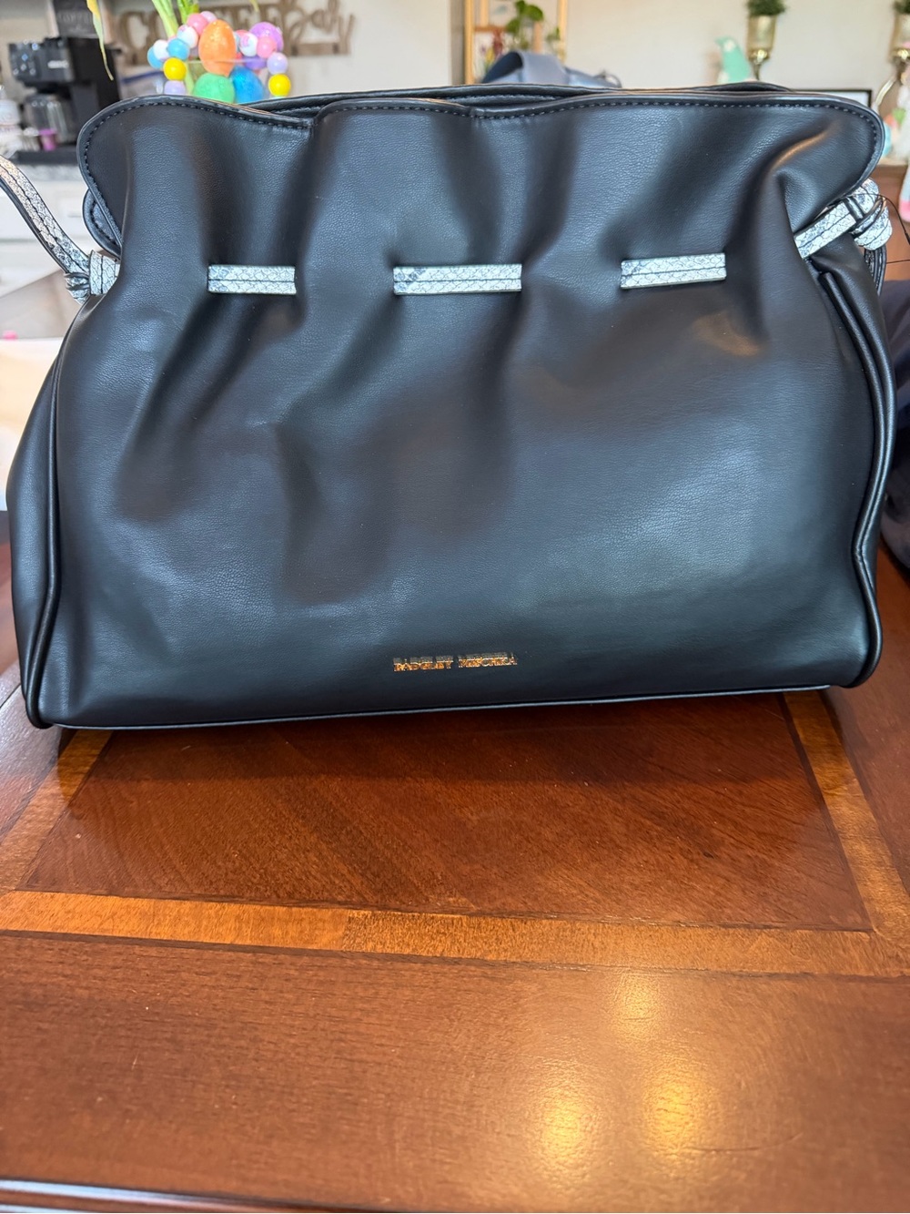 Badgley Mischka Black Dumpling Tote with Silver Braided Snakeskin Accents